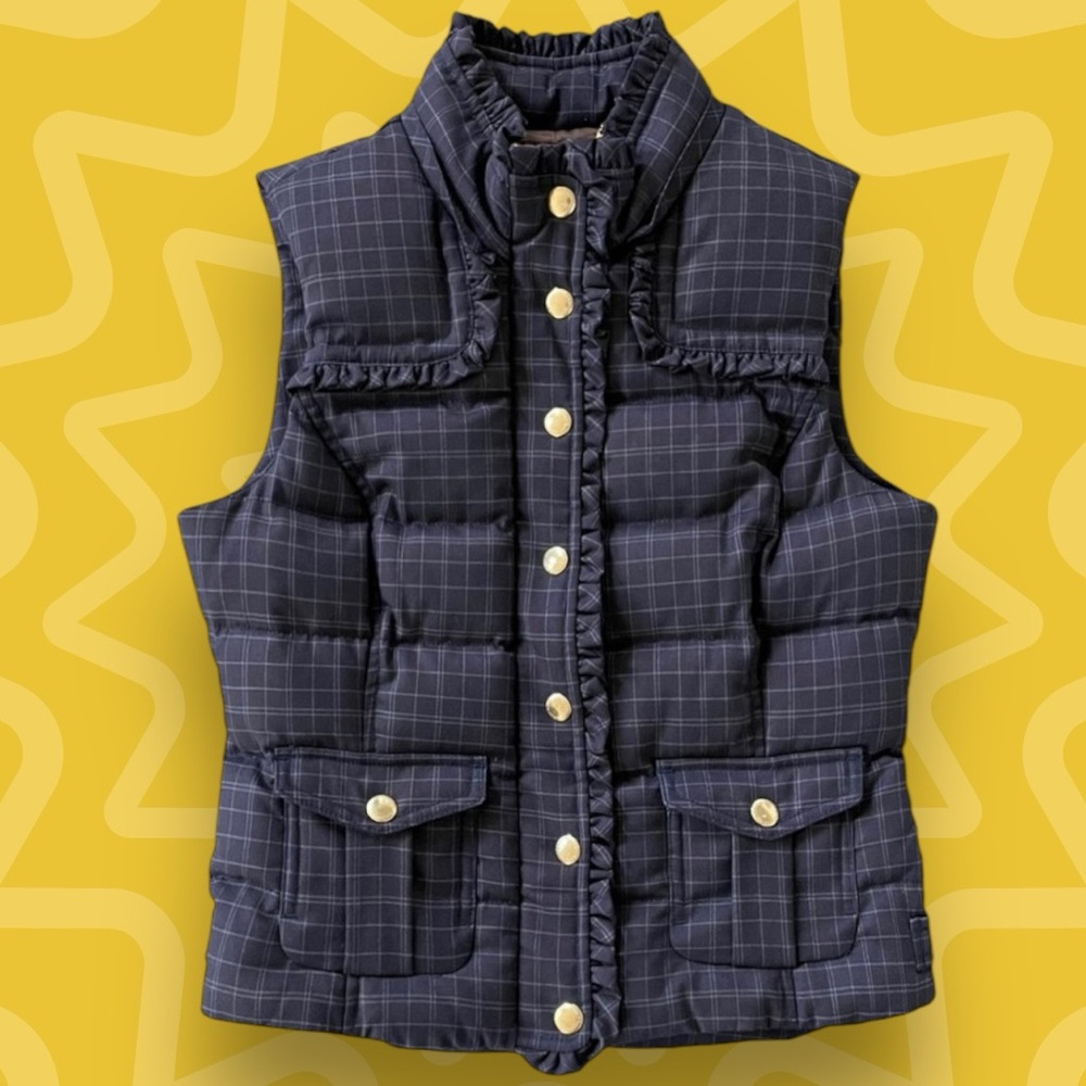 Vintage Y2K Juicy Couture Navy Plaid Ruffle Down Puffer Vest, Size- Medium